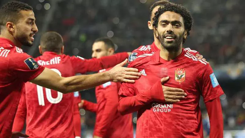 حسين الشحات يحتفل بتسجيله هدفاً في مرمى أوكلاند سيتي خلال مشاركة الأهلي في كأس العالم للأندية 2023.